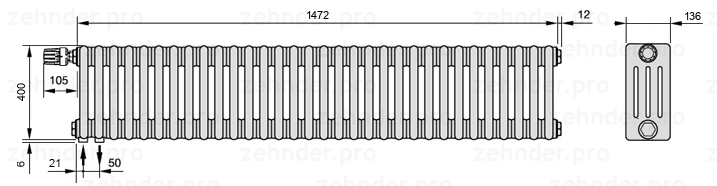Схема (чертеж) Радиатор Zehnder Charleston 4040/32 №V001 Белый глянцевый RAL 9016